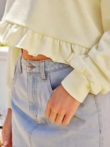 WESTFADE 奶油黄色水洗法式毛圈布不对称领口蝴蝶结刺绣袖口荷叶边下摆短款运动衫秋季乡村音乐会 - 黃色 - 查看 3