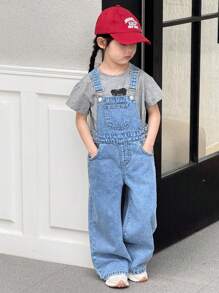 SHEIN 少女休闲水洗牛仔蝴蝶刺绣背带裤