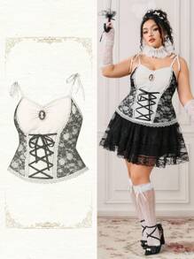 ROMWE EDITION Plus Size Women Contrast Lace Tie Waist Bodycon Camisole Top - Black and White - View 10