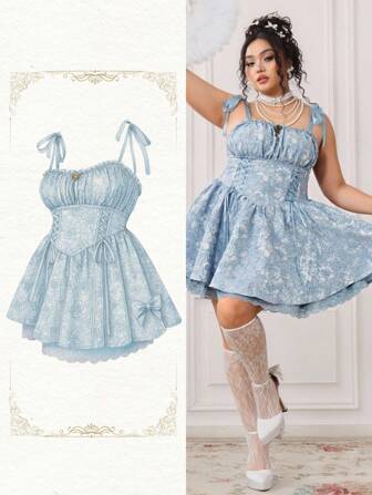 ROMWE EDITION Plus Size All-Over Allover Print Ruched & Twist Front Camisole Dress