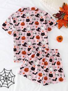 Set de pijama de 2 piezas con pantalón corto y estampado de calabaza y fantasma para niñas, retardante de llama - Multicolor - Ver 2