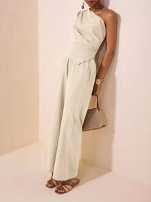 Zivah Conjunto de 2 piezas de top y pantalones rectos de mujer en color caqui, con un diseño de hombro asimétrico, cintura plisada y bajo asimétrico. Estilo elegante y versátil, adecuado para festivales de música, Pascua, Día de la Madre, bodas, fiestas de cumpleaños, uso diario y casual.