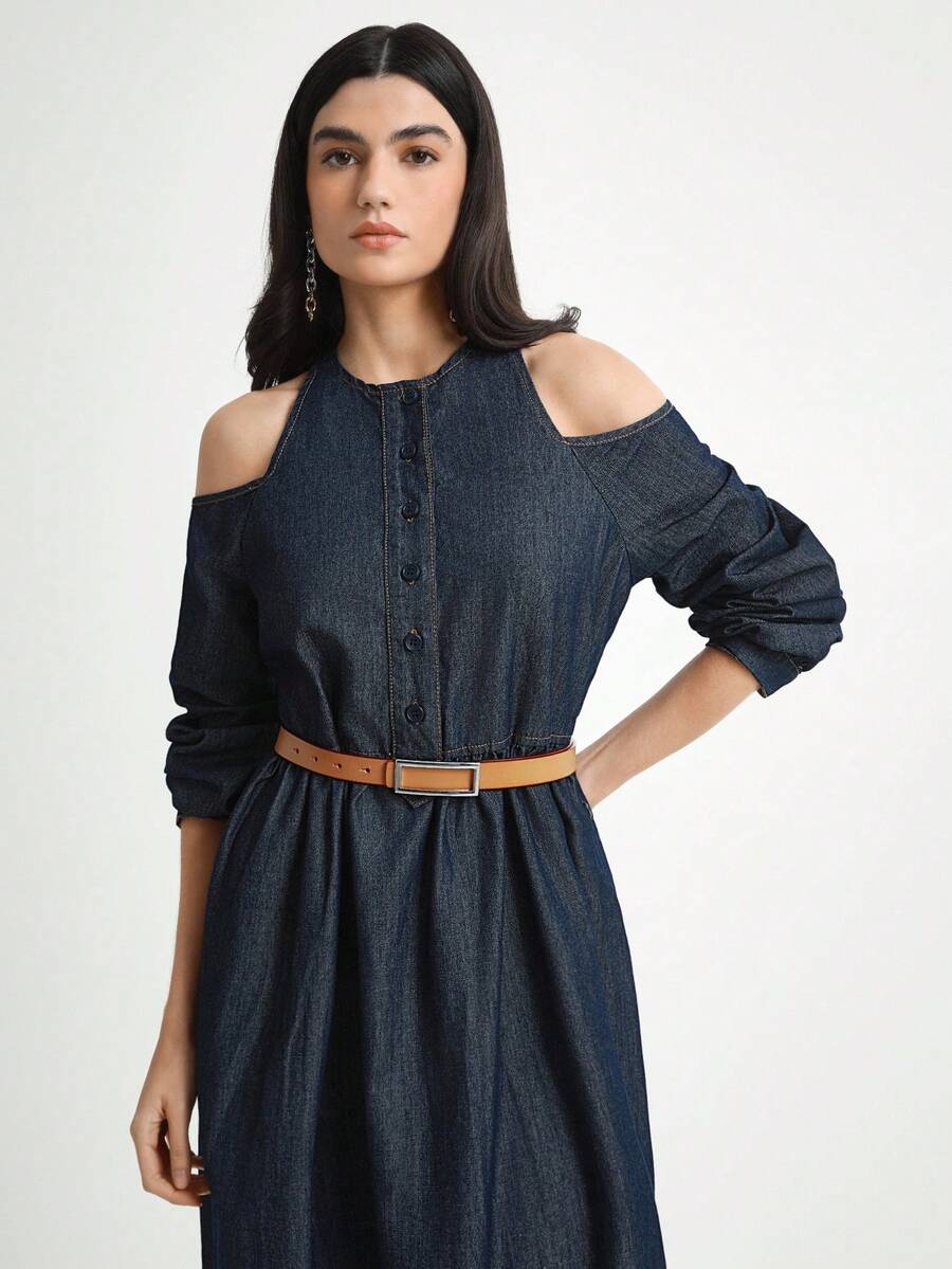 Daynim Women's Casual Vacation Lantern Sleeve Denim Dress