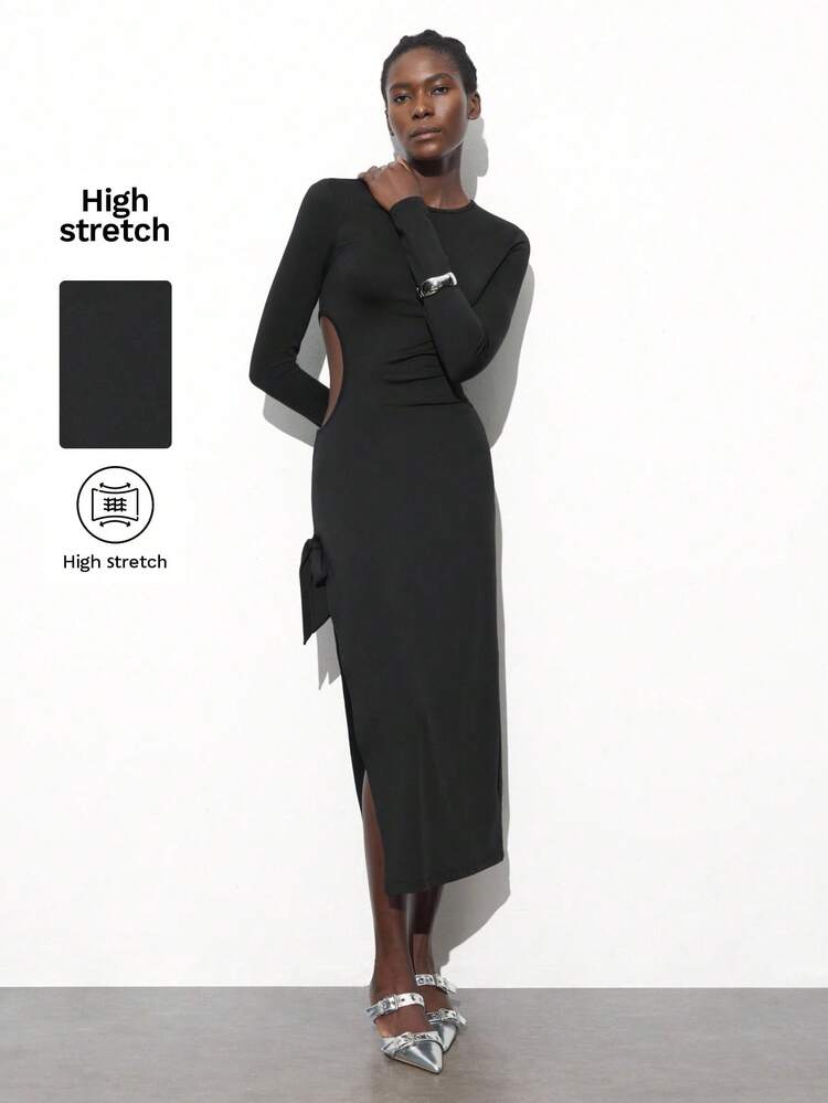 SHEIN Maija Women's Solid Black Crew Neck Long Sleeve Waist Cutout Lace-Up Side Slim Fit Casual Long Dress, Early Spring Modest Going Out Outfits