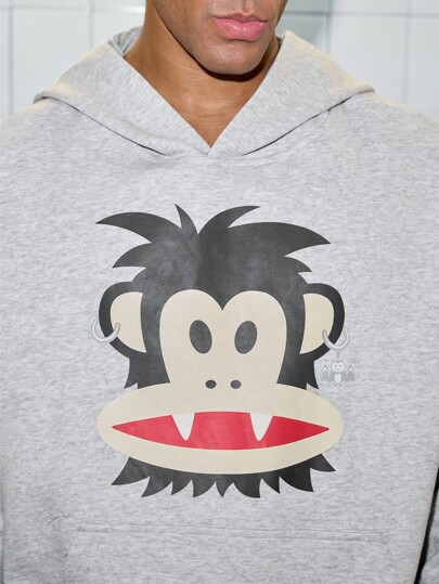 Paul Frank X ROMWE Men's Cartoon Pattern Hoodie, Loose Cropped Fit, Streetwear