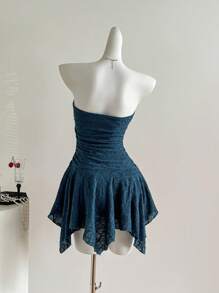 Sweetra Y2K Sexy Asymmetrical Hem Textured Fabric Tube Dress - Blue - View 2