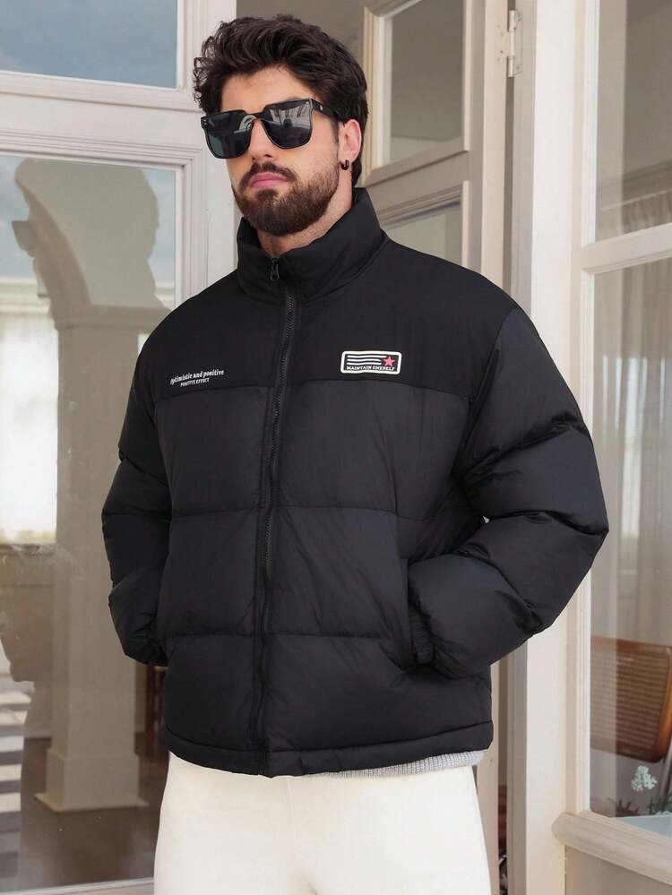 Men's Letter Print Patchwork Contrast Color Stand Collar Thick Padded Coat, Winter Jacket