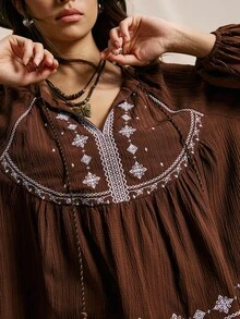 Easelle Áo cánh tay đèn lồng thêu họa tiết phong cách nghỉ dưỡng giản dị cho nữ, mùa xuân/thu - màu nâu - Xem 5