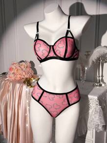 SHEIN 2件套心形印花网眼钢圈加大码文胸套装