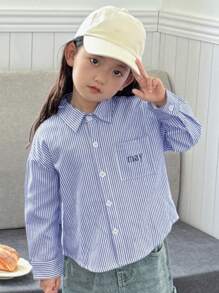 DAZY 年轻女孩竖条纹落肩长袖休闲宽松衬衫 - 藍色 - 查看 7