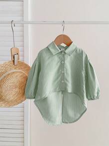 SHEIN Babygirl 休闲街头风不对称条纹长袖衬衫，亲子装 - 綠色 - 查看 2