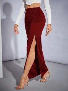 SHEIN Tall 褶饰开叉大腿派对女式黑色半身裙