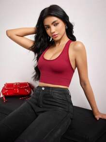 Sujetador inalámbrico de yoga de unicolor con diseño cruzado acanalado acanalado - Burdeos - Ver 6