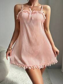 SHEIN 2件套女士宽松蕾丝拼接性感吊带背心连衣裙套装 - 藕粉色 - 查看 5
