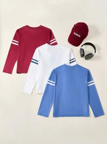 SHEIN 3件装男童时尚76数字印花长袖休闲T恤，常规厚度，蓝色、红色、白色，适合夏季日常穿着