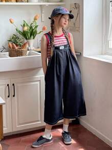 Hapijoa 2 件套 Tween Girl 女童条纹圆领短袖 T 恤 + 牛仔背带裤/连体裤套装，秋季 - 彩色 - 查看 4