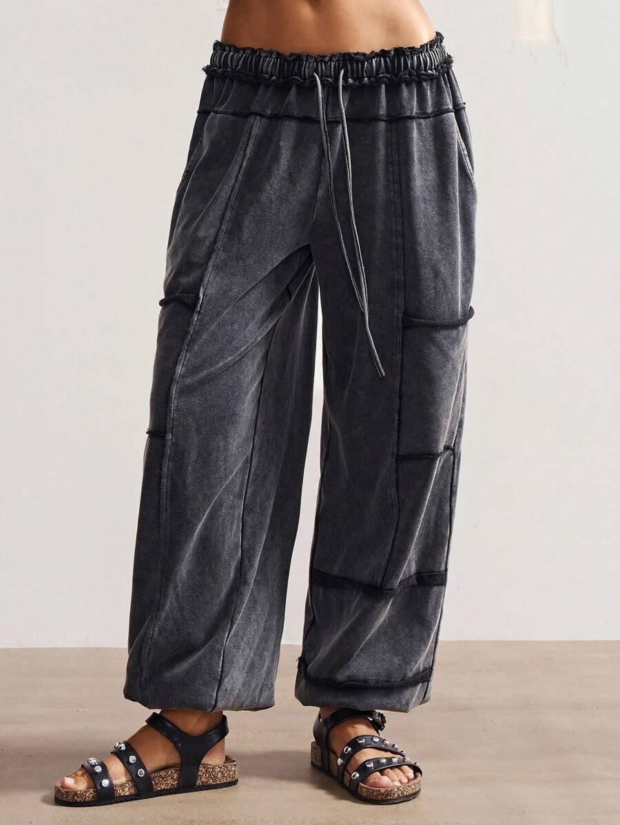 Bohemela Women's Casual Solid Color Knit Loose Drawstring Sweatpants - Black - View 1