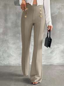 SHEIN Tall Pantalones acampanados de doble botonadura decorativa de talla alta - Beis - Ver 4