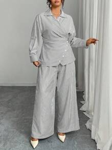 Modelyn Plus Size Woven Striped Long Sleeve Tie-Front 2 Pieces Set - Grey - View 4
