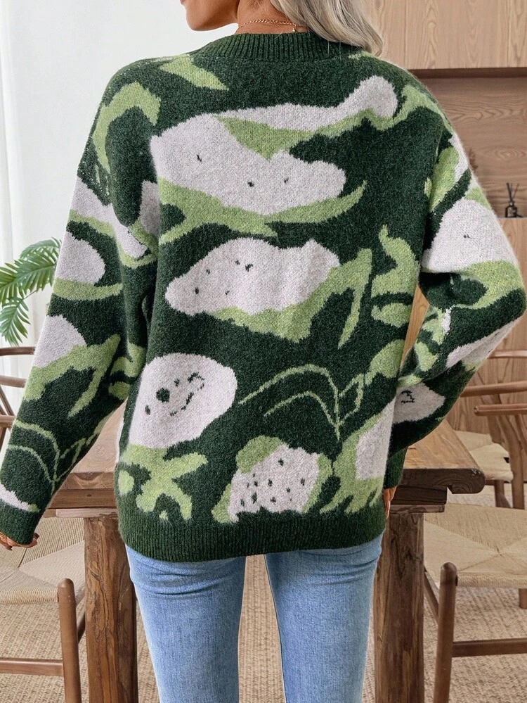 Women's Knitted Contrast Color Jacquard Pattern Crew Neck Long Sleeve Sweater Women Sweaters Fall Sweater Abstract Print Sweater Crew Neck Sweater