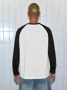 ROMWE MEN Paul Frank X ROMWE Men Rhinestone Detail Letter Cartoon Pattern Contrast Raglan Long Sleeve T-Shirt, Fall, 2000s Style