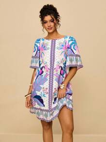 Travachic Plus Size Women Tropical Bohemian Print Loose Fit Round Neck Short Sleeve Casual Dress, Suitable For Autumn,Holiday Outfits For Women - Mauve Purple - View 5