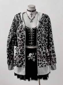 Flirla 大码女式休闲个性化连帽长袖豹纹罗纹拉链套头衫，秋季复古冬装 - 彩色 - 查看 5