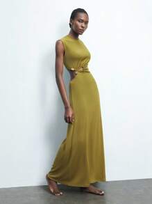 Maija 女式绿色夏季连衣裙，别致纯色竖条纹纹理闪亮面料，腰部褶饰，镂空优雅性感无袖长裙，圣帕特里克节、春假、复活节 - 軍綠色 - 查看 7