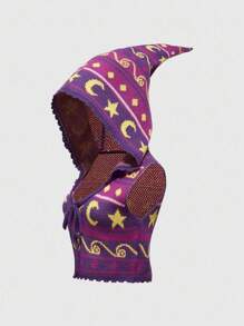 女式复古嬉皮女巫神秘连帽条纹提花太阳和月亮印花无袖针织上衣 - 紫色 - 查看 1