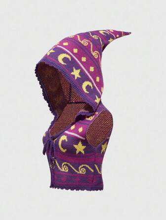 Hippie Femmes Rétro Hippie Sorcière Mystérieuse Capuche Rayée Jacquard Soleil et Lune Imprimé Sans Manches Tricot Top, Violet