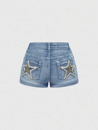 ROMWE Avant Damen Y2K Babe Sternendruck Denim Shorts