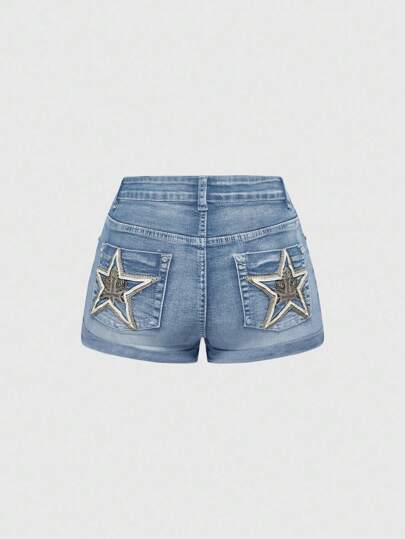 ROMWE Avant Damen Y2K Babe Sternendruck Denim Shorts