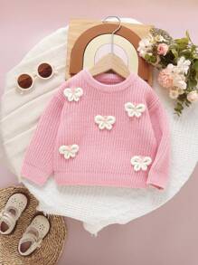 SHEIN Rosa Kleinkind Pullover mit 3D-Schmetterling Dekor, süßer Rundhalspullover, langärmliges Baby Strick Top, Baby-Mädchen-Strickwaren, Baby-Mädchen Pullover, Baby-Mädchen Pullover, rosa Babypullover, Schmetterlingspullover