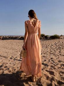 Maija 女士纯色V领荷叶边下摆连衣裙，优雅 - 卡其色 - 查看 2