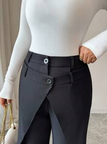 Elenzga Pantalones elegantes y dulces franceses de 2 en 1 para oficina, pantalones de traje negros con bolsillos, para otoño