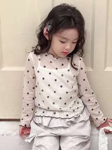 Dazy Kids 少女圆领长袖波点印花T恤 - 杏色 - 查看 6