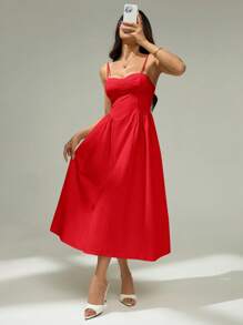 SHEIN PETITE Women's Solid Color Waist Cinched Elegant Spaghetti Strap Dress Red Midi Dress,Elegant Dresses For Women,Party Dresses For Women ,Petite Women - Red - View 2
