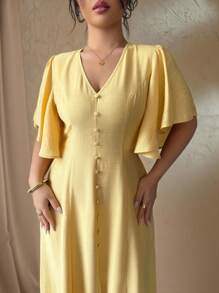 Roveilla 大码女式法式优雅休闲度假下午茶波西米亚风 V 领纽扣装饰 A 字开衩泡泡袖长裙，春夏