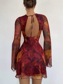 Siren Gaze 女式花卉印花露背秋季迷你连衣裙焦橙色连衣裙铁锈色连衣裙透视连衣裙网眼连衣裙露背连衣裙 - 彩色 - 查看 1