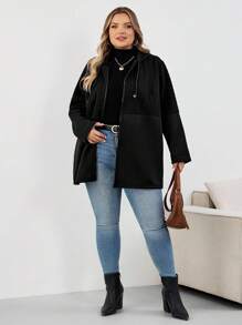 SHEIN CURVE+ Plus Size Women's Black Casual Hooded Long Sleeve Jacket, Autumn Outerwearfall Clothes For Women,Winter,CURVE PLUS/Autumn /Winter - Black - View 6