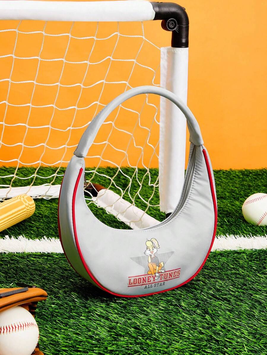 LOONEY TUNES X SHEIN Women's Fashionable Minimalist Personalized Street Chic Gray Cartoon Print Shoulder Bag - Grey - View 1