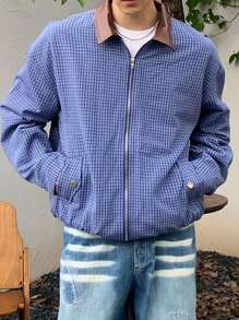 Manfinity Dauomo Men's Casual Loose Contrast Collar Plaid Jacket - Blue - View 4