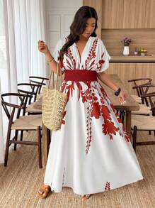 Weeklong Plus Size Summer Floral Print Slit Waist Dress - Multicolor - View 3