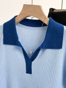 Suéter de punto casual de mujer con bloque de color y manga corta, para otoño e invierno - Azul - Ver 4