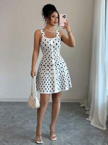 SHEIN Raffinéa 全新时尚设计高品质波尔卡圆点黑白法式束腰女士吊带裙，夏季 - 黑與白 - 查看 3