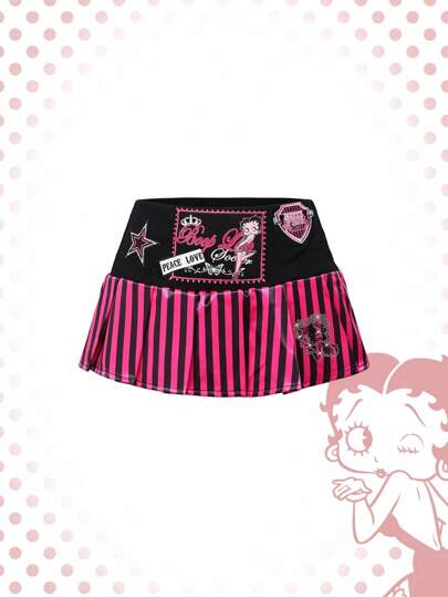 Betty Boop | ROMWE Jupe mini avant-gardiste à rayures contrastées pour femme, style biker chic Betty