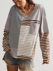 Bohemela Boho Women's Vintage Casual Knit Striped Patchwork Round Neck Long Sleeve Loose T-Shirt, Vintage Western Country Style Concert Vacation, Going Out, Back To School, Suitable For Autumn/Winter,Fall