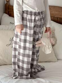 DAZY 年轻女孩休闲宽松格子裤家居服秋冬 - 灰色 - 查看 5