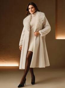 Anewsta 蓬松人造毛皮领子系带修身人造毛皮夹克 - 米色 - 查看 7