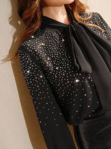 Anewsta Nueva camisa elegante de mujer con cuello redondo, manga larga, lazo y degradado de diamantes